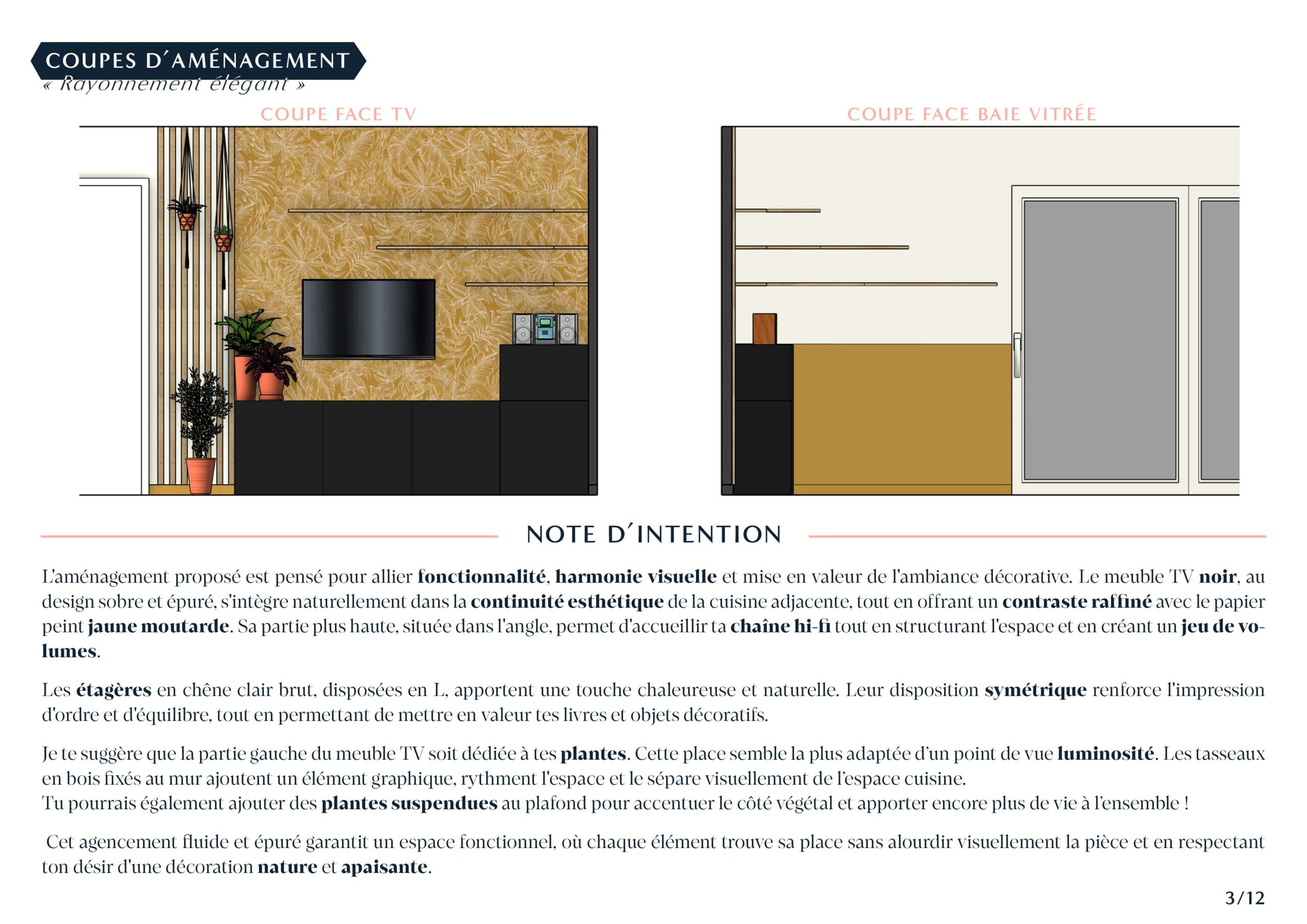 Planche d'aménagement du salon sur le thème décoratif "rayonnement élégant"