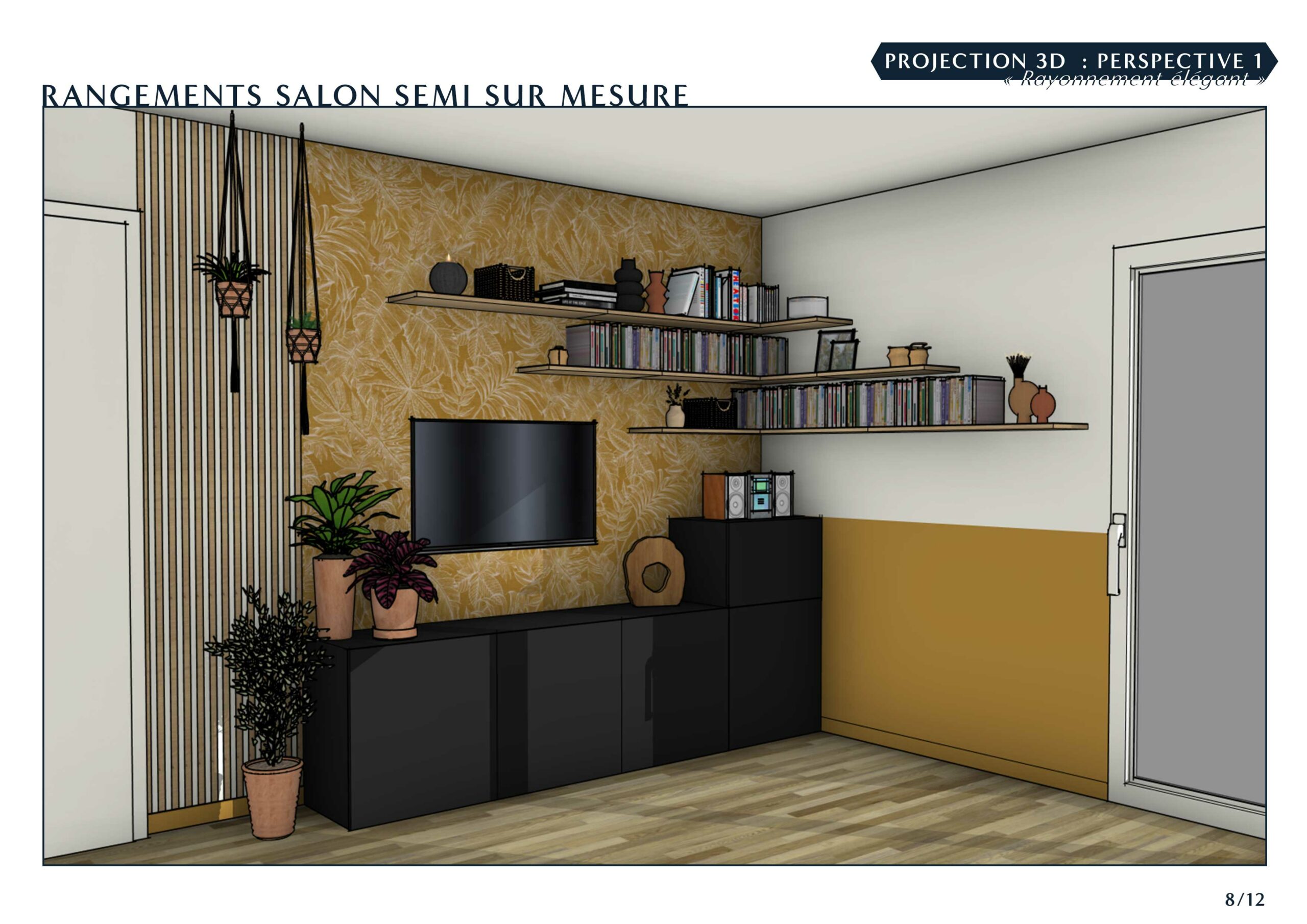 Projection 3D montrant une première vue du salon, conçu par Esprit Nomade, sur le thème décoratif "rayonnement élégant"