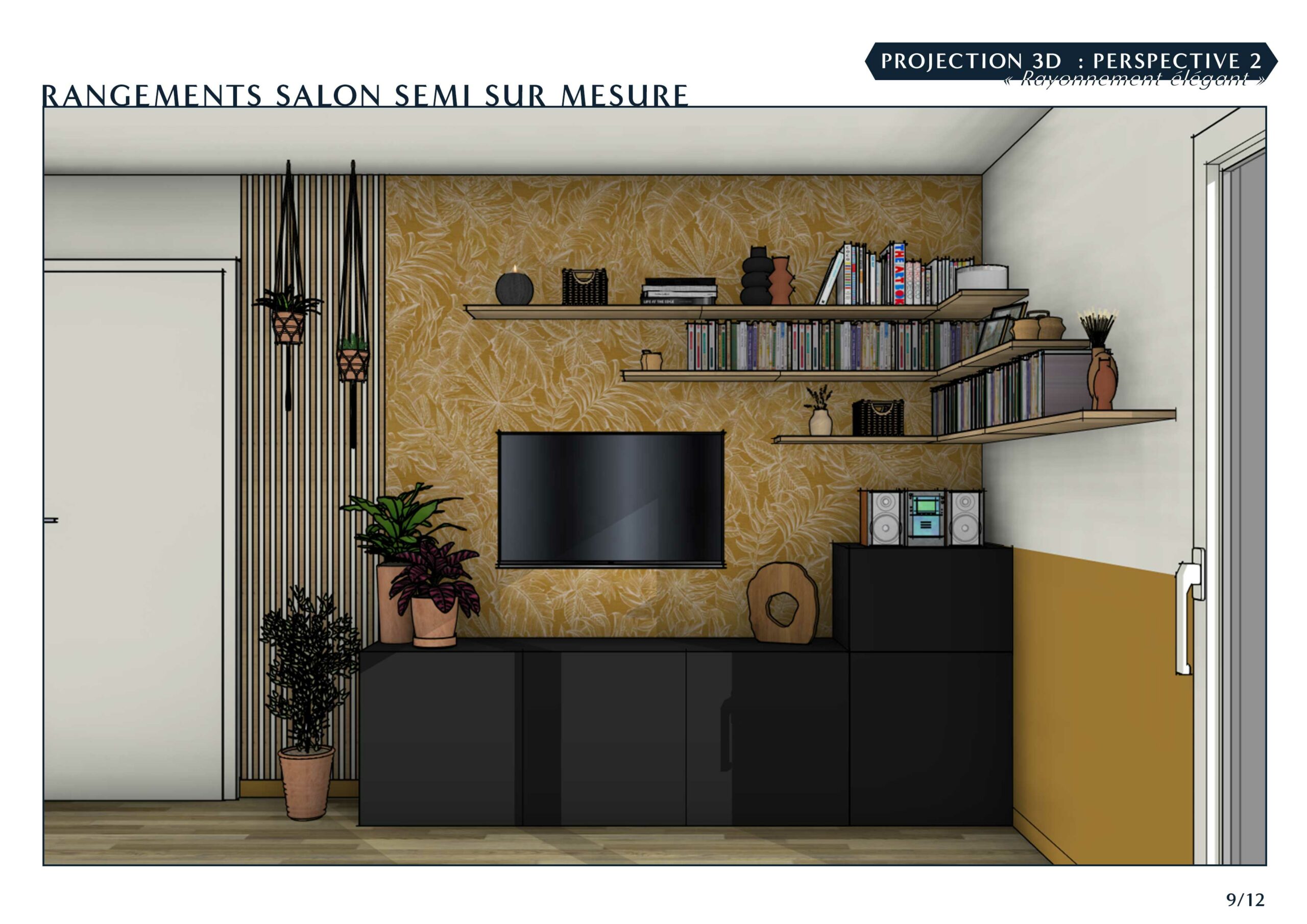 Projection 3D montrant une deuxième vue du salon, conçu par Esprit Nomade, sur le thème décoratif "rayonnement élégant"