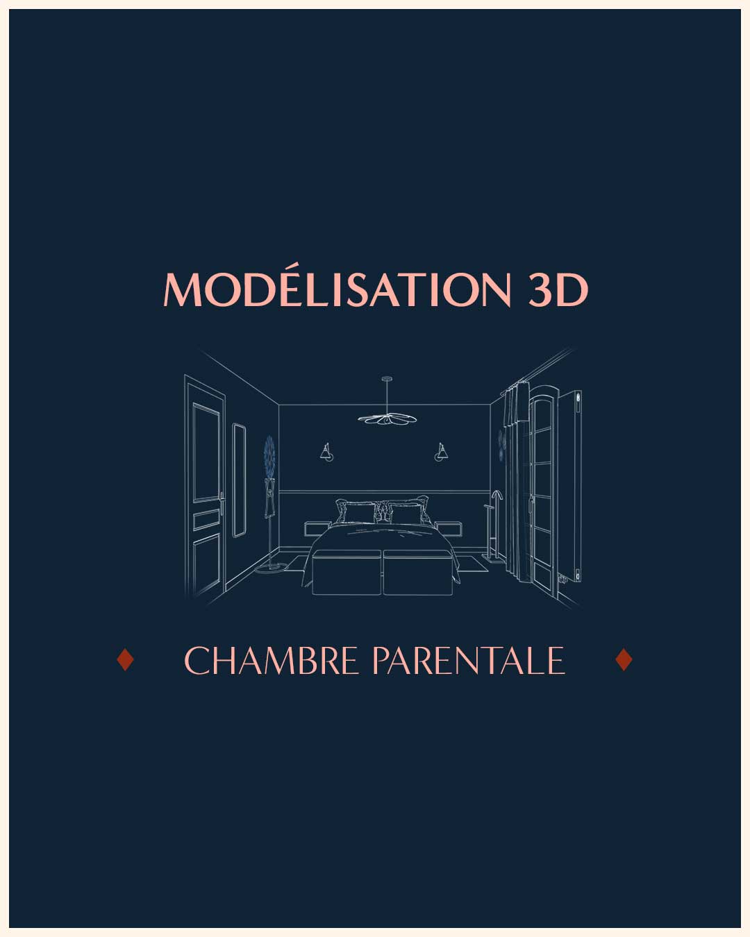Modélisation 3D d'une chambre sur le thème décoratif "naturel et feutré" bleu et ocre