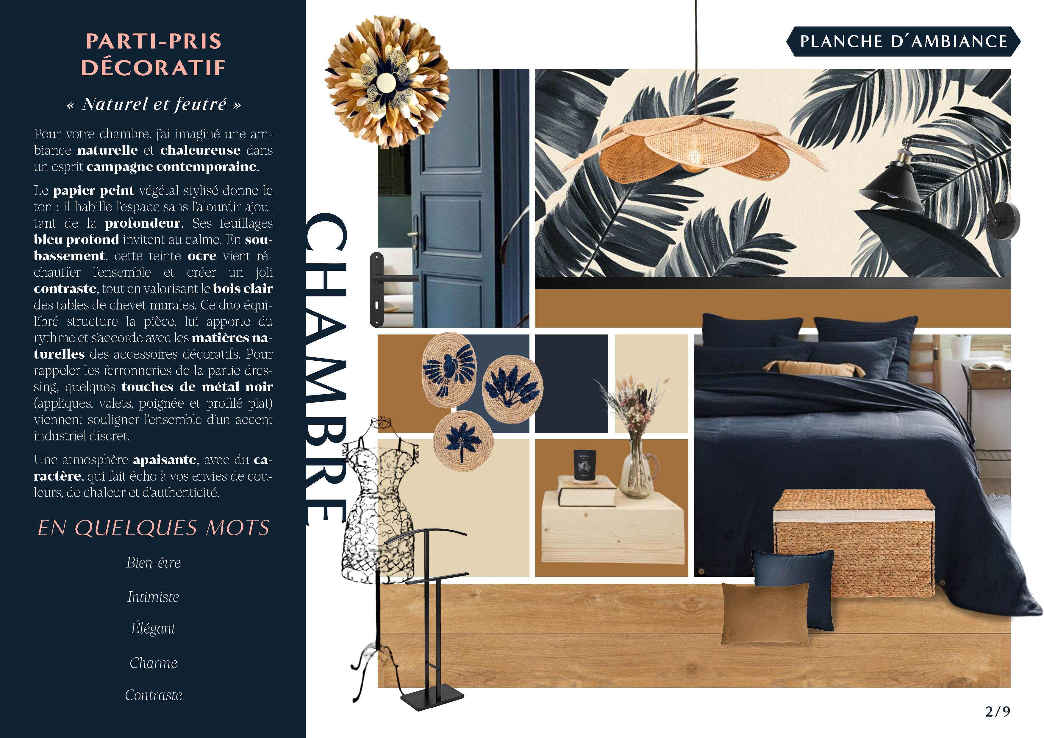 Planche d'ambiance de la chambre parentale sur le thème décoratif "naturel et feutré"