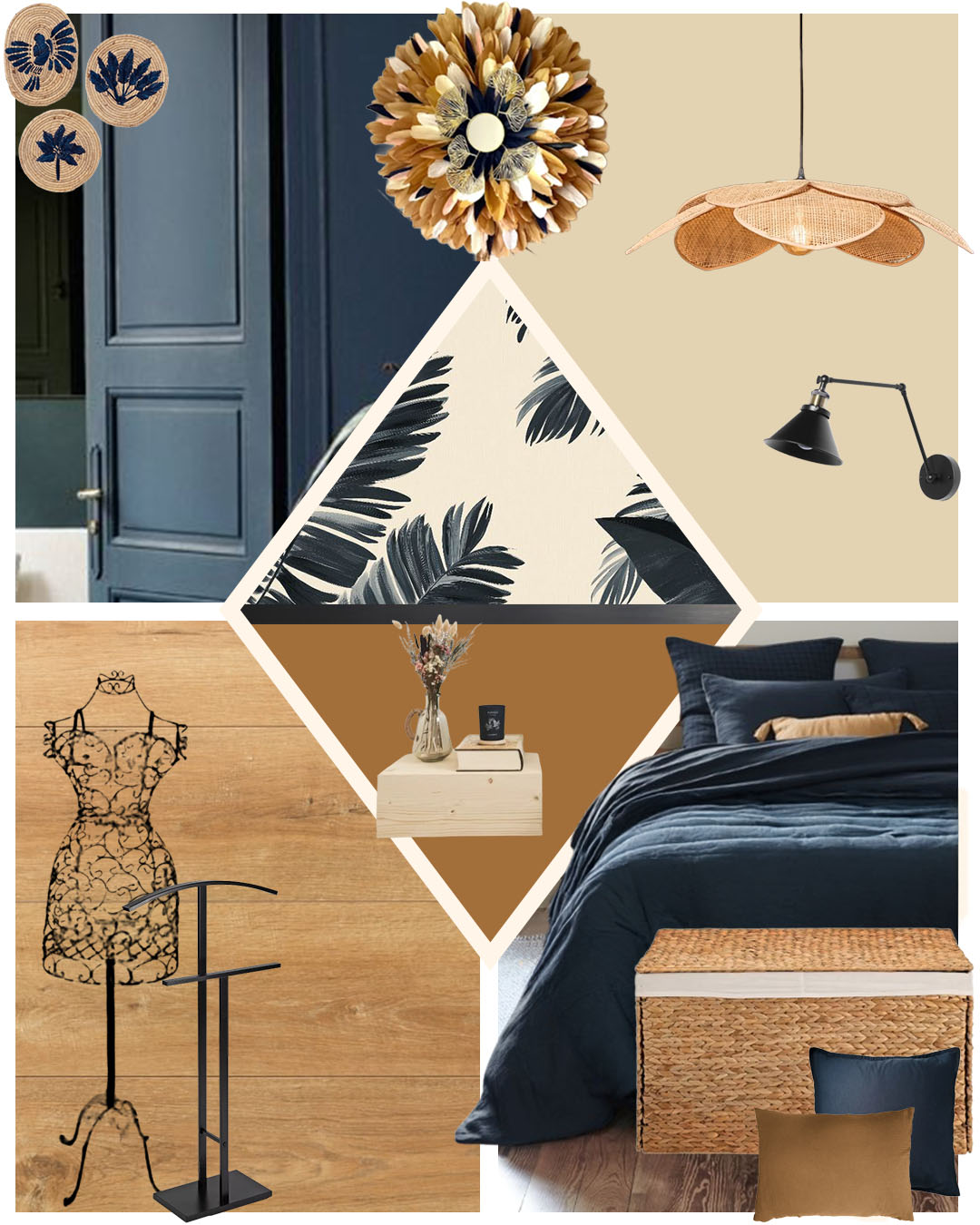 Planche d'ambiance d'une chambre sur le thème décoratif "naturel et feutré" bleu et ocre