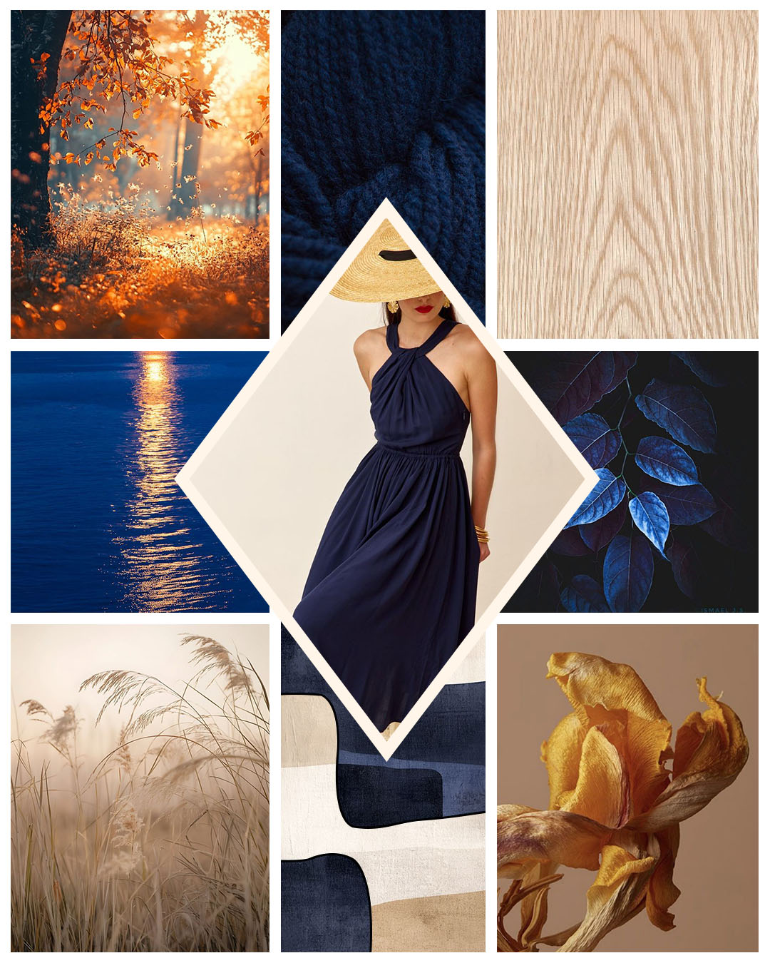 Planche d'inspiration conceptuelle sur le thème de la chambre "naturel et feutré" bleu et ocre