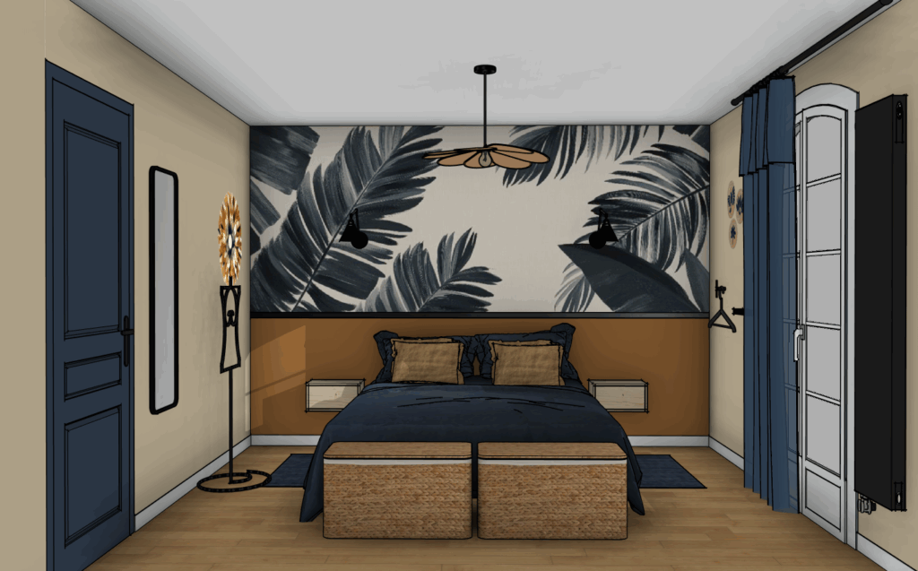 Projection 3D (vue 1) de la chambre parentale conçue par Mélaïssa, décoratrice d'Esprit Nomade.