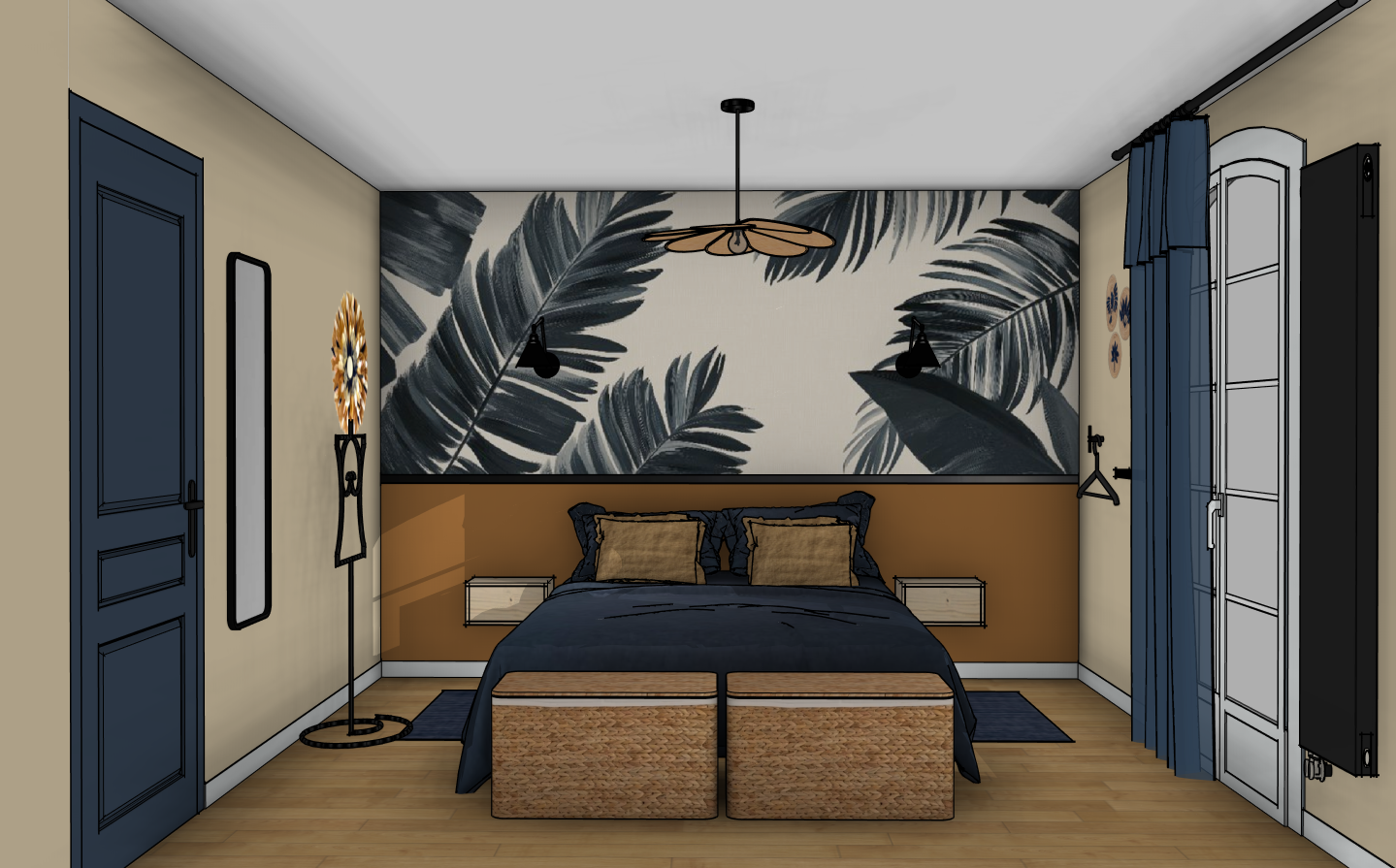Projection 3D (vue 1) de la chambre parentale conçue par Mélaïssa, décoratrice d'Esprit Nomade.