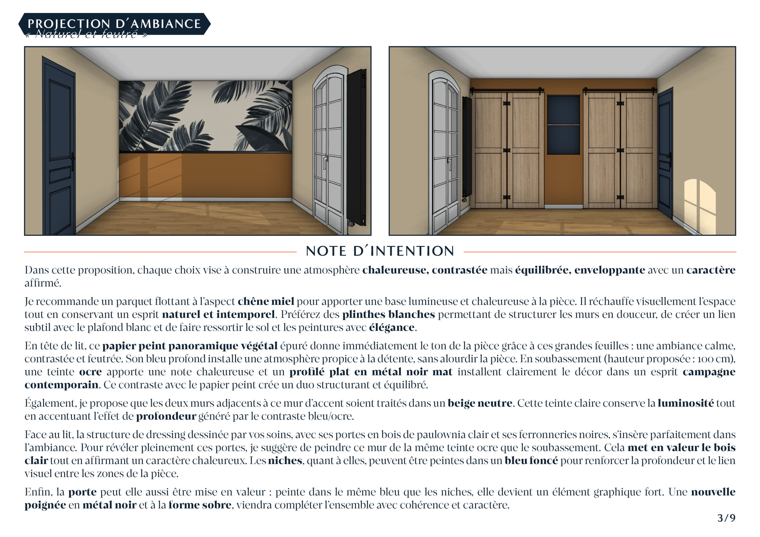 Projection de l'ambiance de la chambre parentale sur le thème décoratif "naturel et feutré"