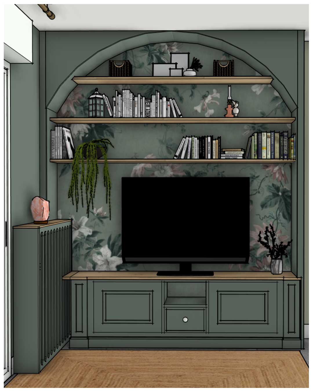 Modélisation 3D d'un petit salon sur le thème décoratif "à l'anglaise revisité".