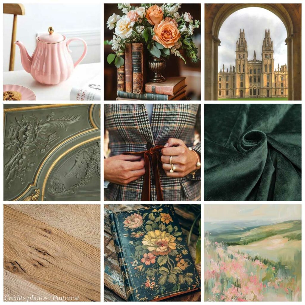 Planche d'inspiration conceptuelle sur le thème du petit salon revisité à l'anglaise