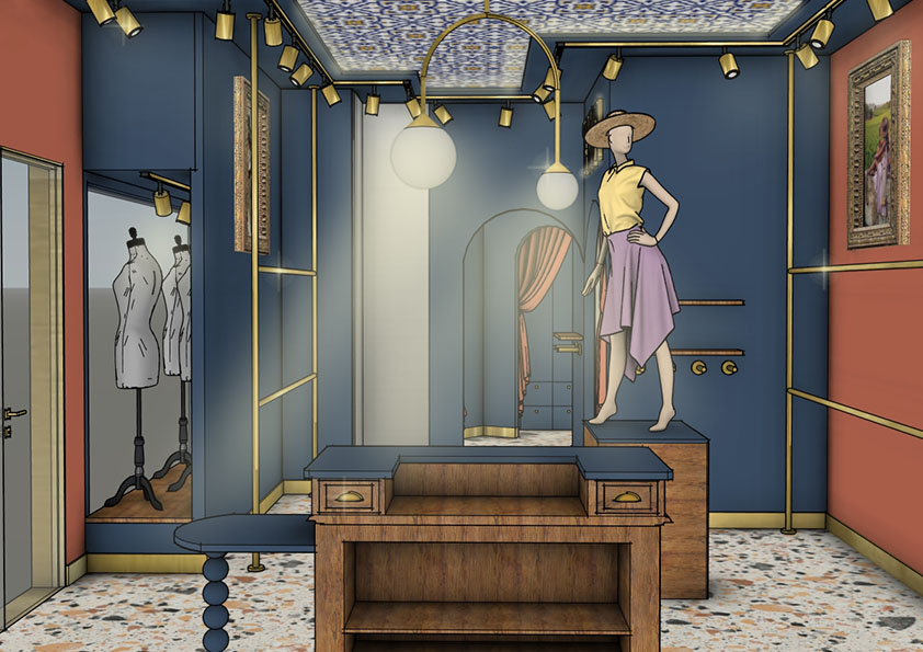 Projection 3D pour un projet de création de boutique de vêtements réalisée par Mélaïssa, décoratrice d'Esprit Nomade.