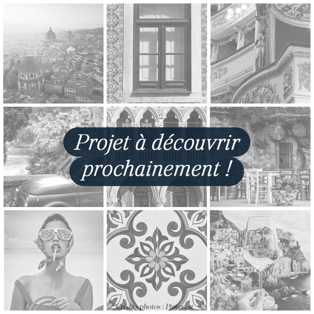 Planche d'inspiration conceptuelle sur le thème d'une boutique de vêtements "vacances italiennes", avec inscription "projet à découvrir prochainement"