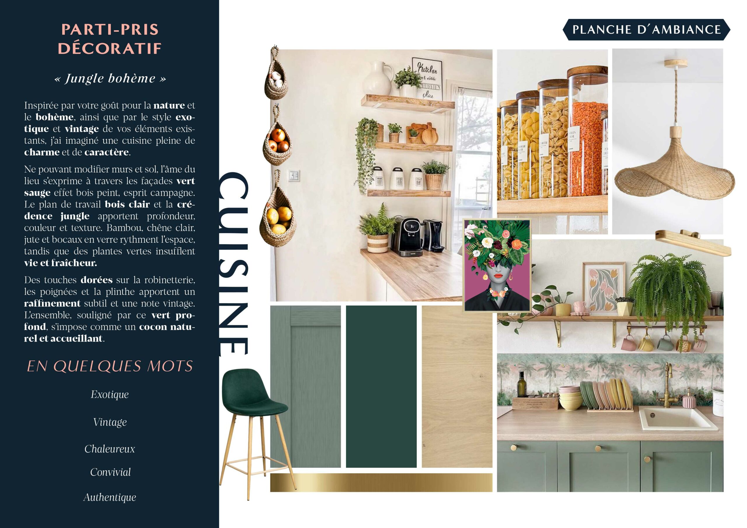 Planche d'ambiance de la cuisine sur le thème décoratif "jungle bohème"