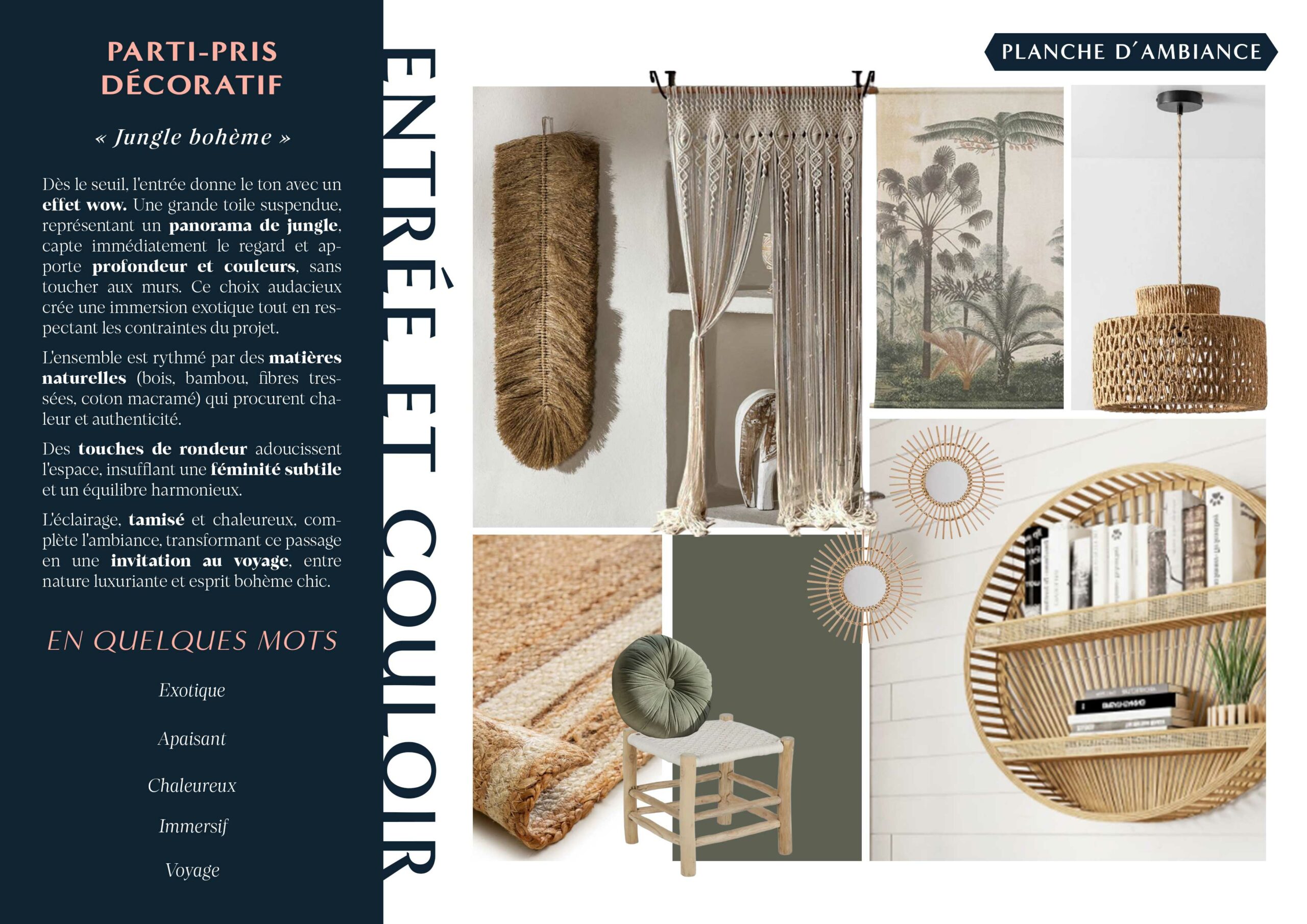 Planche d'ambiance de l'entrée sur le thème décoratif "jungle bohème"