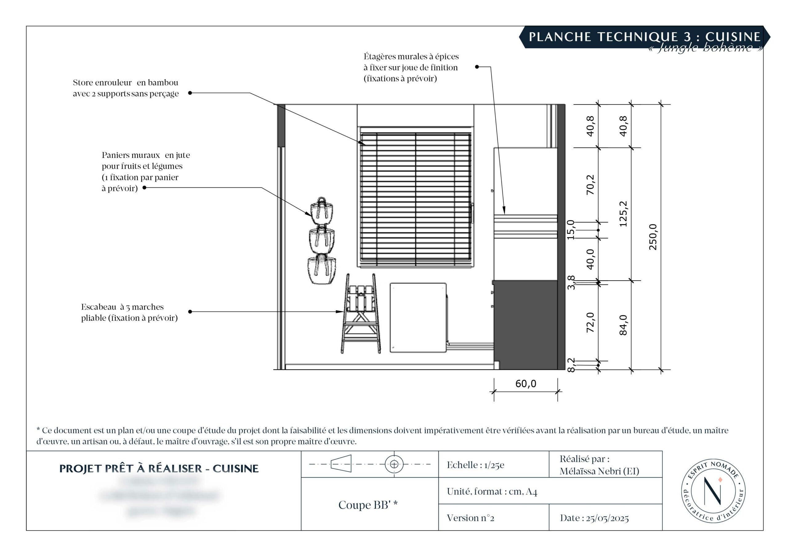 Planche technique, coupe BB', de la cuisine sur le thème décoratif "jungle bohème"