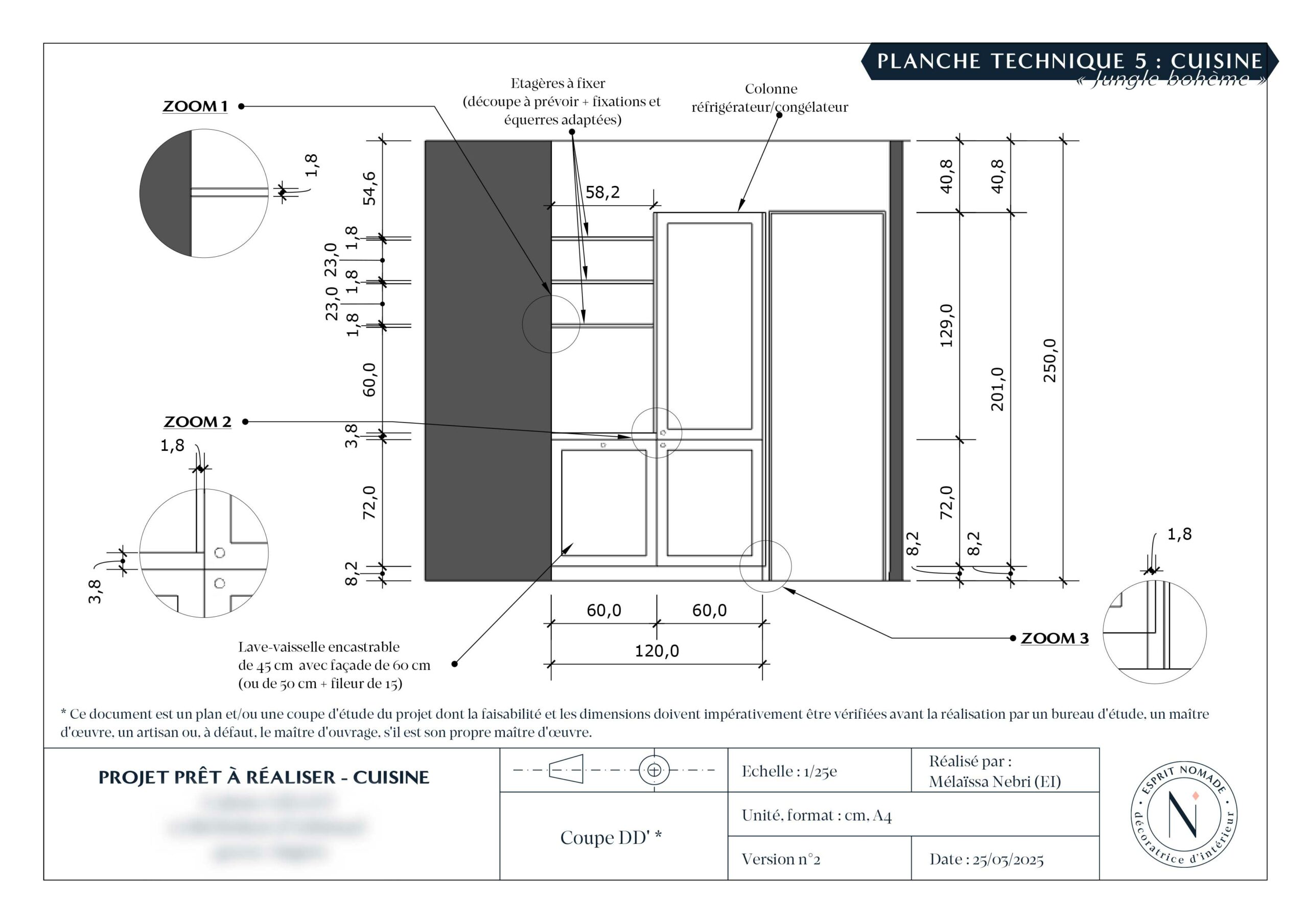 Planche technique, coupe DD', de la cuisine sur le thème décoratif "jungle bohème"