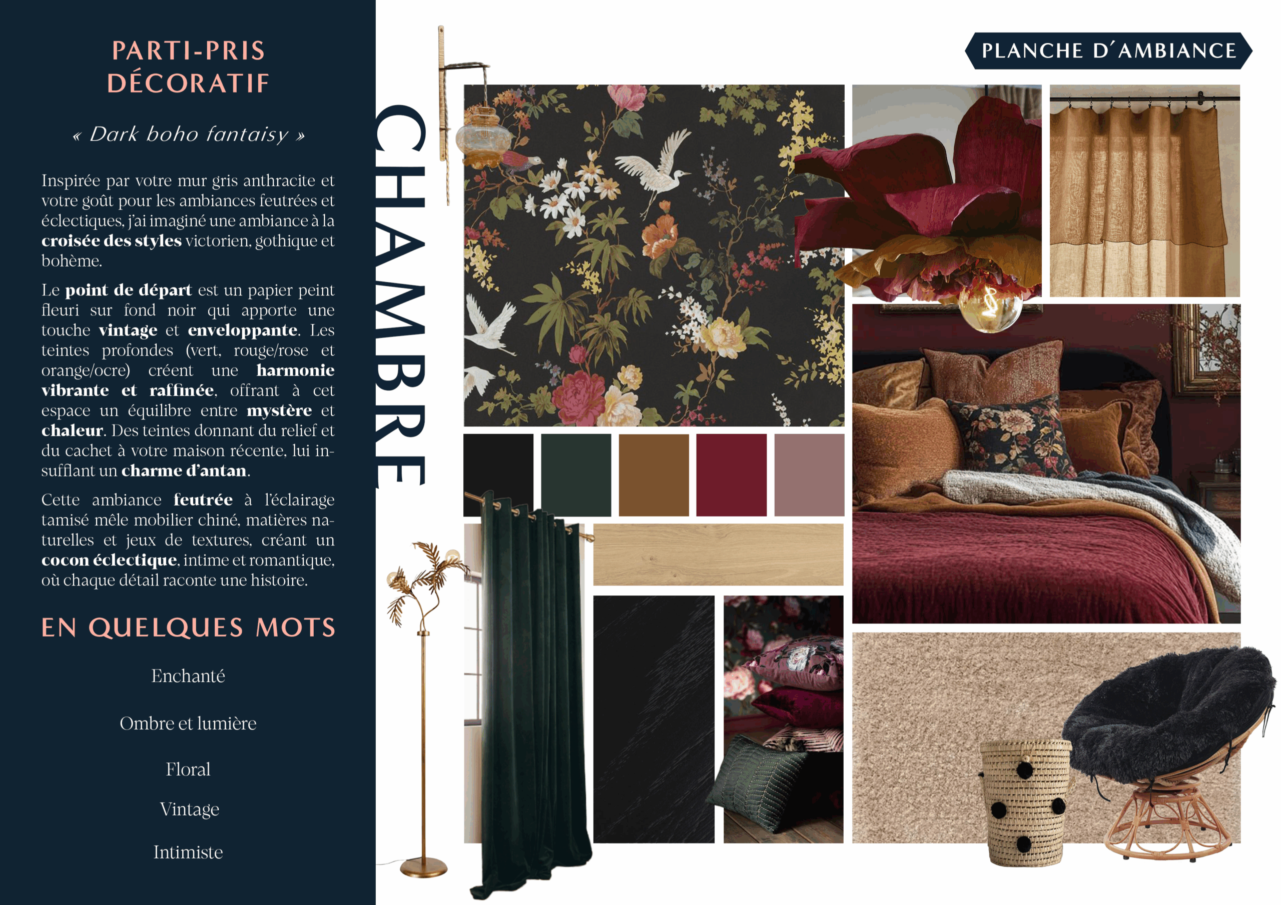 Planche d'ambiance de la chambre sur le thème décoratif "dark boho fantaisy"