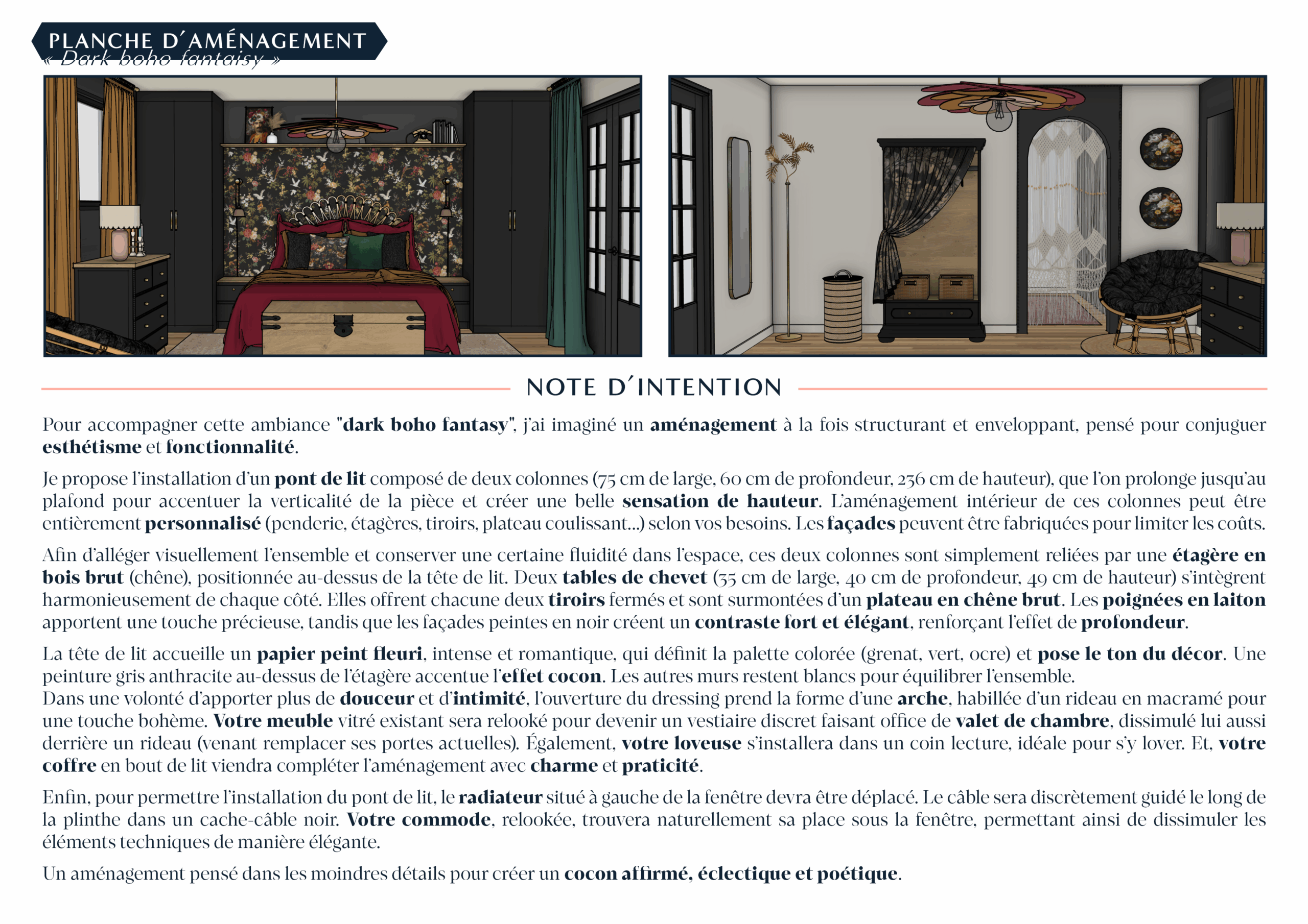 Planche d'aménagement de la chambre sur le thème décoratif "dark boho fantaisy"