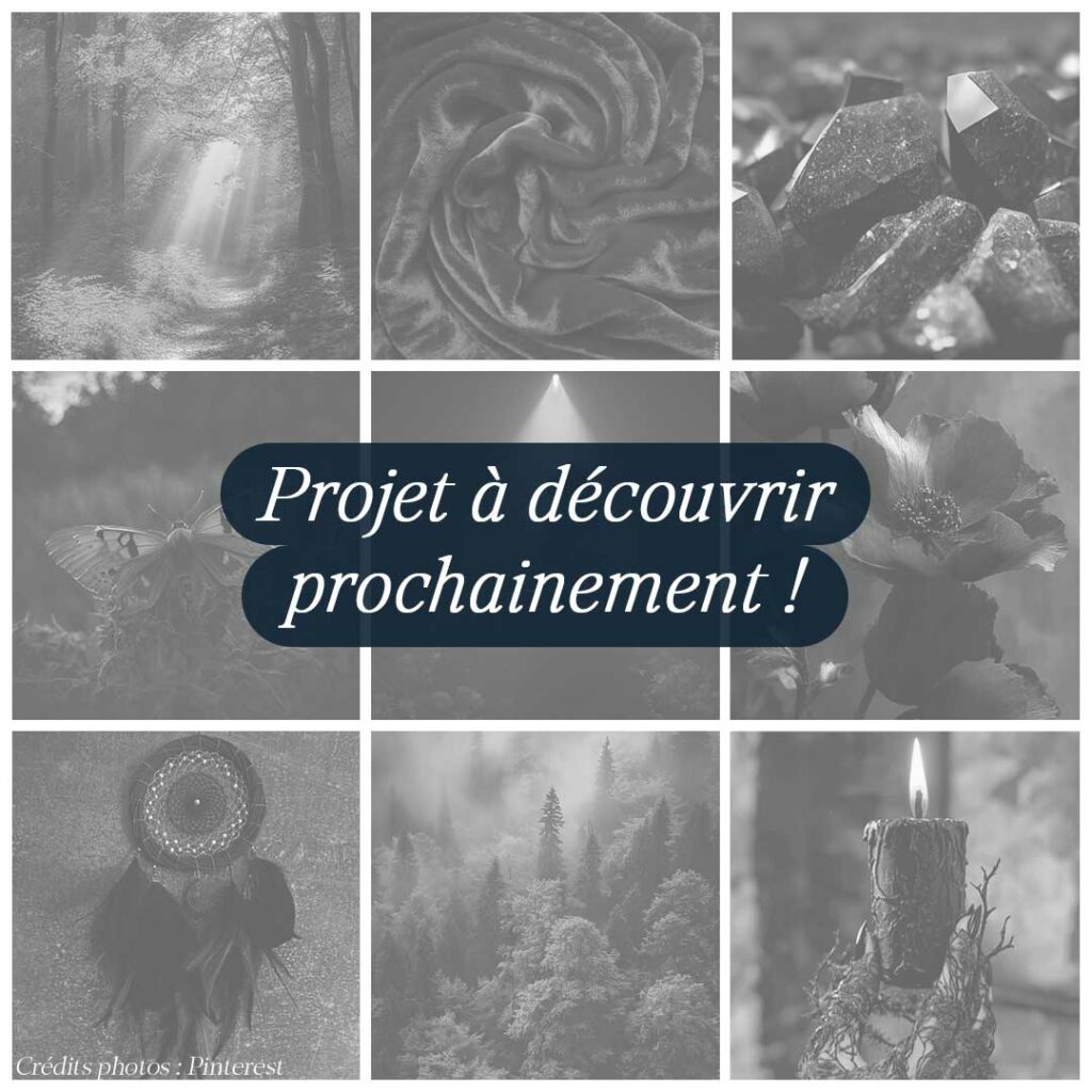 Planche d'inspiration conceptuelle sur le thème de la chambre "dark boho fantaisy", avec inscription "projet à découvrir prochainement"