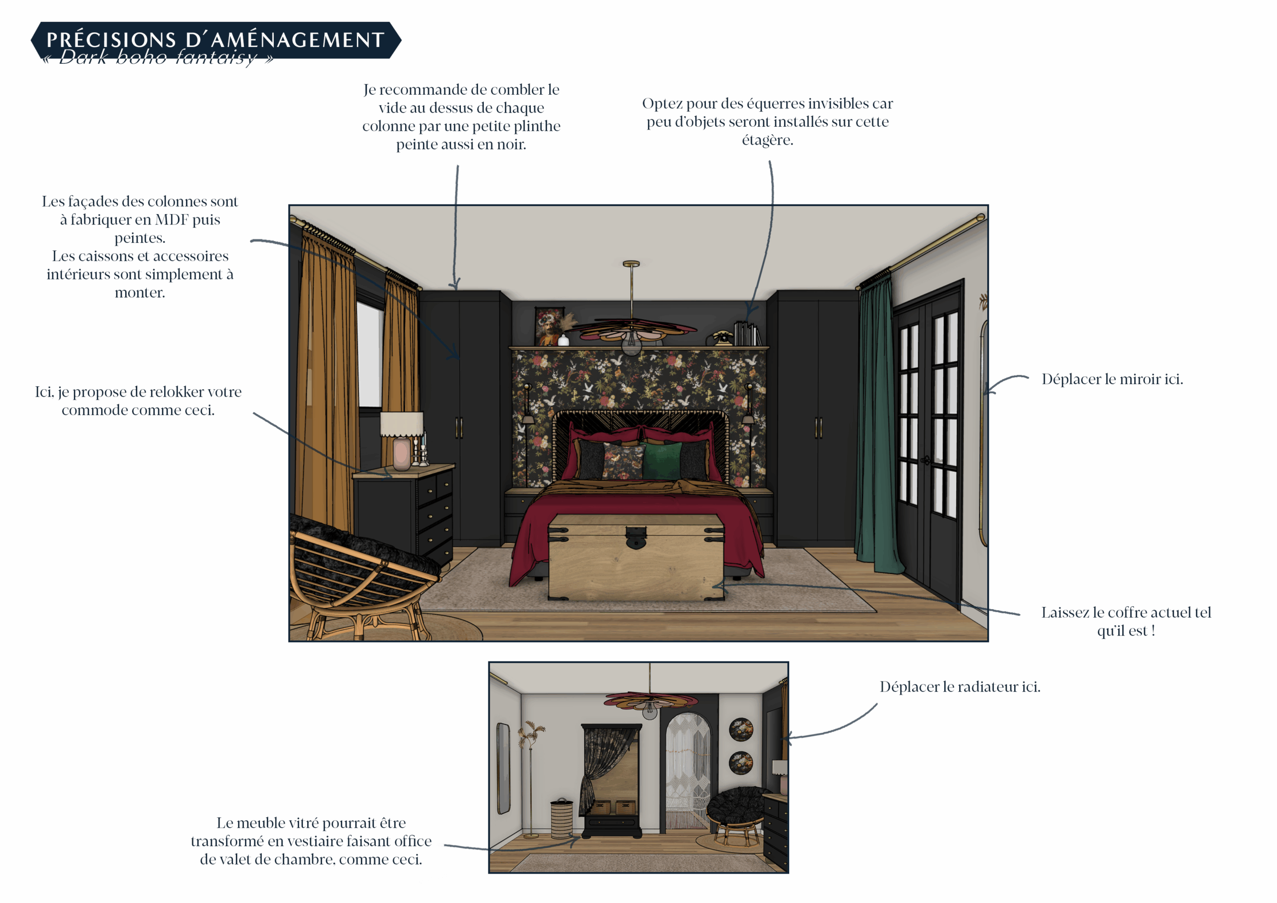 Précisions d'aménagement de la chambre sur le thème décoratif "dark boho fantaisy"