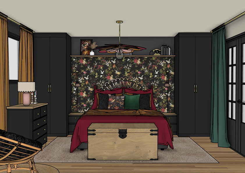 Projection 3D (vue 1) de la chambre parentale conçue par Mélaïssa, décoratrice d'Esprit Nomade.