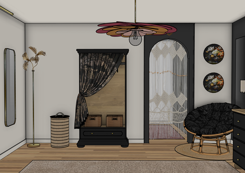 Projection 3D (vue 2) de la chambre parentale conçue par Mélaïssa, décoratrice d'Esprit Nomade.